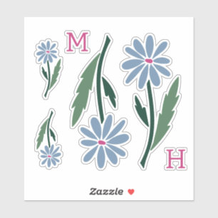 Retro Hand Drawn Blue Flowers Pink Monogram