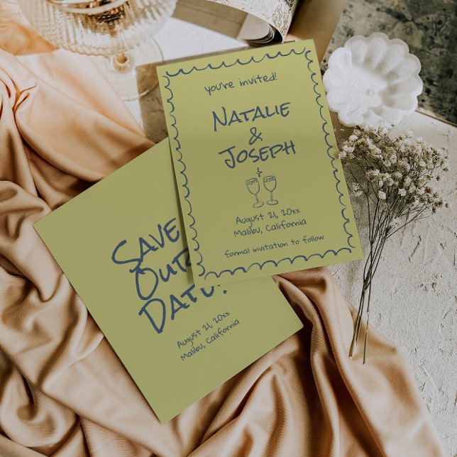 Retro Hand Drawn Blue Green Funky Boho Wedding   Save The Date (Creator Uploaded)