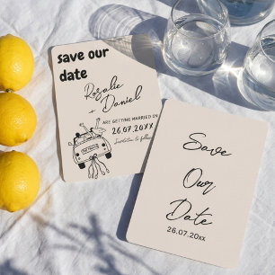 Retro Hand Drawn Bold Just Married Car Wedding Save The Date