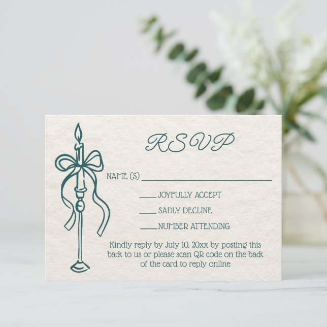 Retro Hand Drawn Bow Teal Wedding Website QR Code RSVP Card (Standing Front)