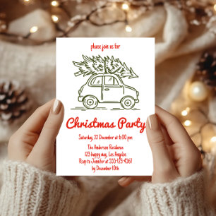 Retro Hand Drawn Car with Christmas Tree Party Invitation