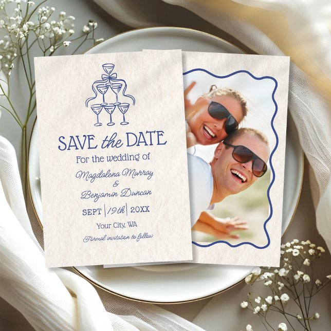 Retro Hand Drawn Champagne Tower Photo Wedding Save The Date (Creator Uploaded)