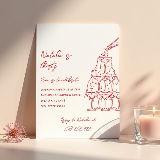 Retro Hand Drawn Champagne Tower Thirty Birthday Invitation (Creator Uploaded)