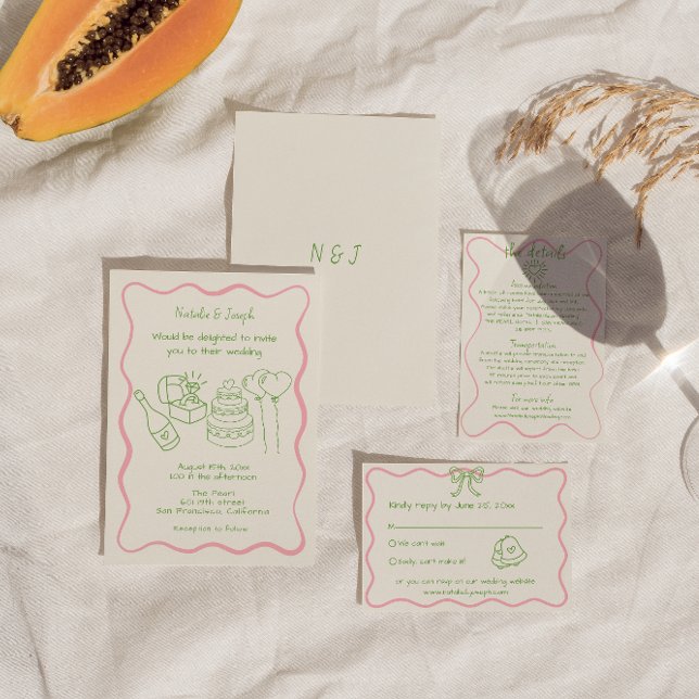 Retro Hand Drawn Colourful Funky Modern Wedding Invitation (Creator Uploaded)