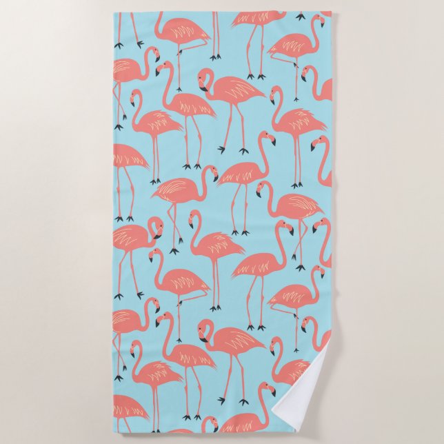 Retro Hand-Drawn Flamingo Pattern | Retro Miami Beach Towel (Front)