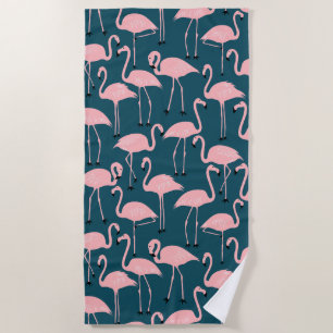 Retro Hand-Drawn Flamingo Pattern   Teal Pink Beach Towel