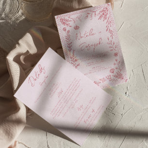 Retro Hand Drawn Floral Garden All In One Wedding Invitation