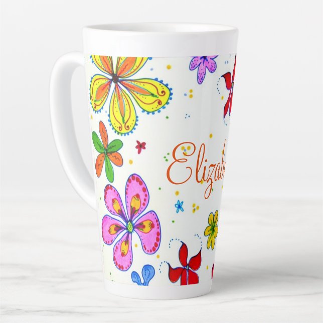 Retro Hand-drawn Floral Personalized Latte Mug (Left Angle)