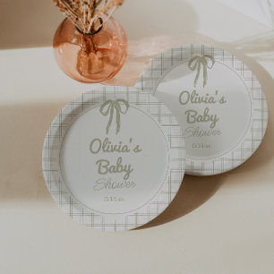 Retro Hand Drawn Green Bow Gingham Baby Shower Paper Plate