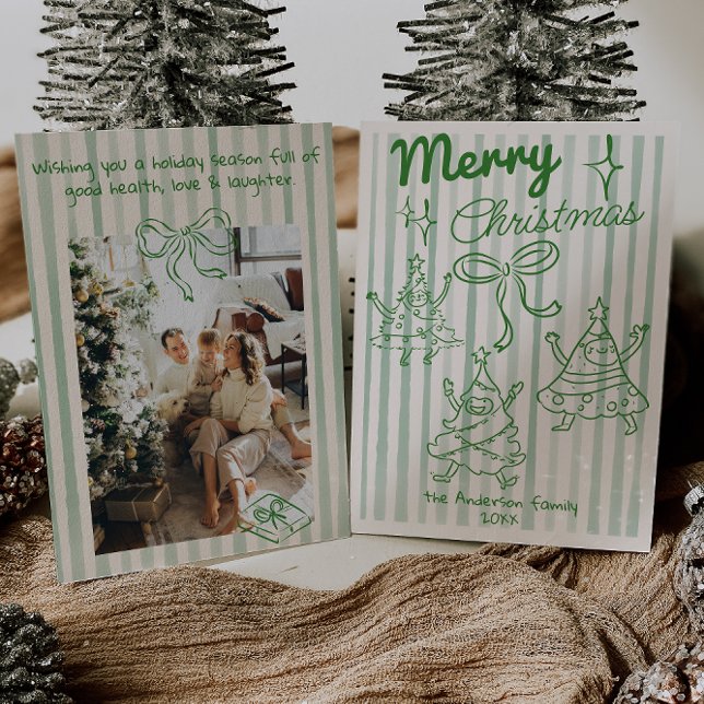 Retro Hand Drawn Green Funny Christmas Trees Bow Holiday Card (Creator Uploaded)