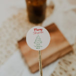 Retro Hand Drawn Green Red Christmas Tree Vintage Classic Round Sticker<br><div class="desc">As you see the design features a unique  green hand made and drawn Christmas . With red hand written typography of merry Christmas and handwritten family name in green.</div>
