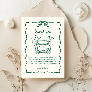 Retro Hand-drawn Green Unique Bow Wedding Car Thank You Card