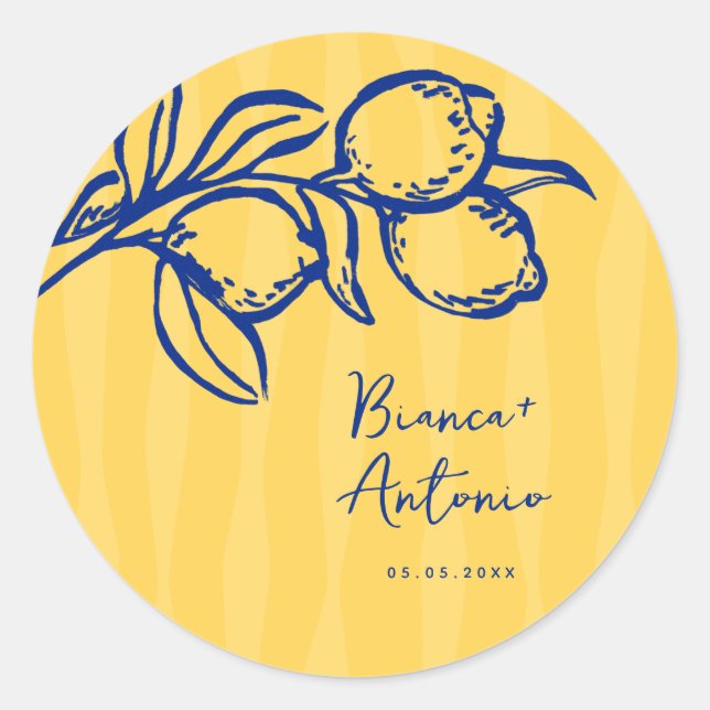 Retro Hand Drawn Handwritten Blue Italian Wedding Classic Round Sticker (Front)