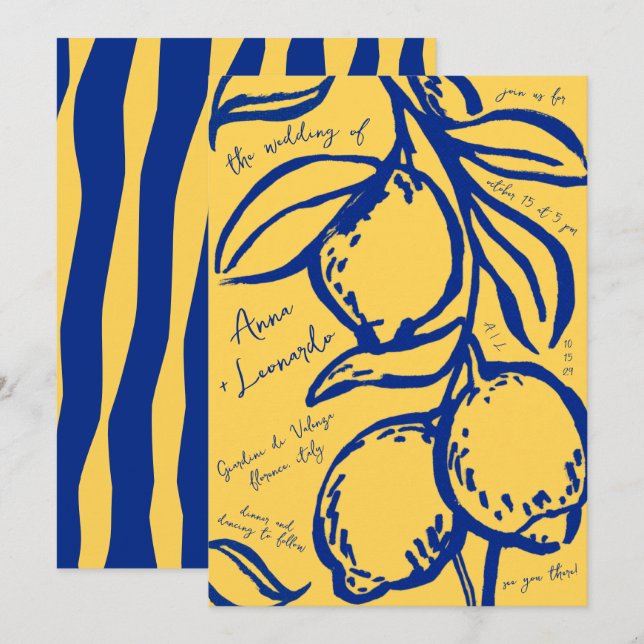 Retro Hand Drawn Handwritten Blue Italian Wedding Invitation (Front/Back)