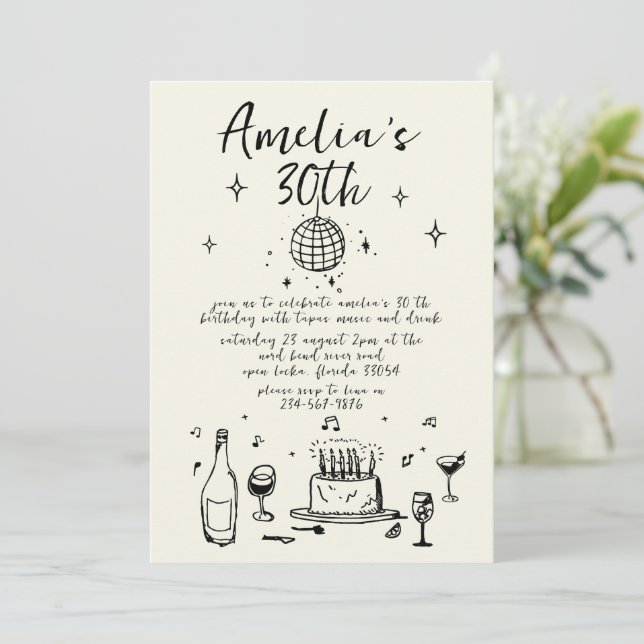 Retro Hand Drawn handwritten funky 30 birthday Invitation (Standing Front)