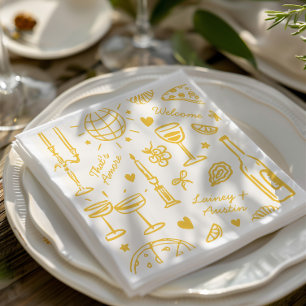 Retro Hand-Drawn Illustrated Wedding Napkin