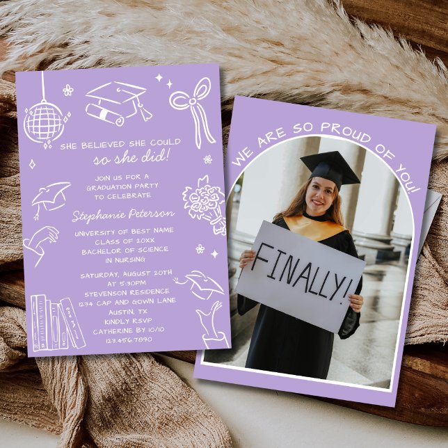 Retro Hand Drawn Lavender Doodle Photo Graduation Invitation (Creator Uploaded)