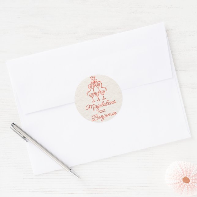 Retro Hand Drawn Orange Champagne Tower Names Classic Round Sticker (Envelope)