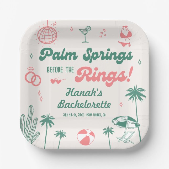 Retro Hand Drawn Palm Springs Bachelorette  Paper Plate (Front)