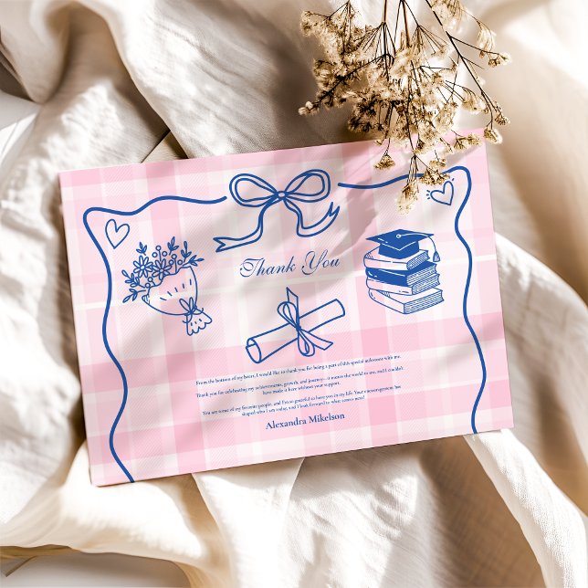 Retro Hand Drawn Pink and Blue Graduation Thank You Card (Creator Uploaded)