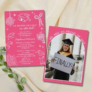 Retro Hand Drawn Pink Doodle Photo Graduation Invitation
