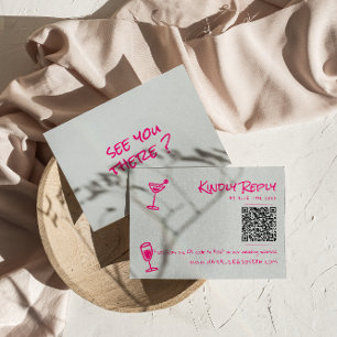 Retro Hand Drawn Pink Funky QR Code Wedding RSVP Card