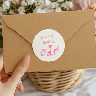 Retro Hand Drawn Pink Tableware Birthday Brunch Classic Round Sticker