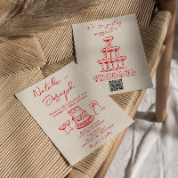 Retro Hand Drawn Red Cake Unique QR Code Wedding