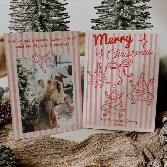 Retro Hand Drawn Red Funny Christmas Trees Bow Holiday Card (Creator Uploaded)