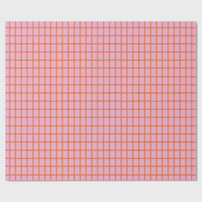 Retro Hand-drawn Red Plaid on Pink  Wrapping Paper (Flat)