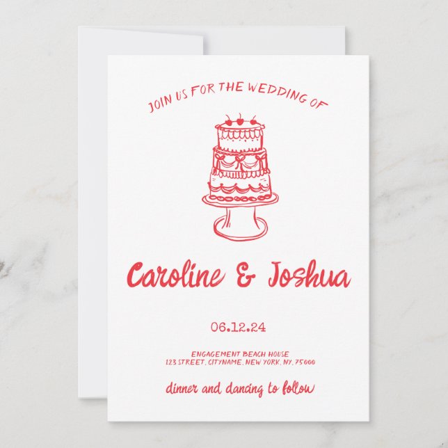 Retro Hand Drawn Red Quirky Cake Modern Wedding Ho Holiday Card (Front)