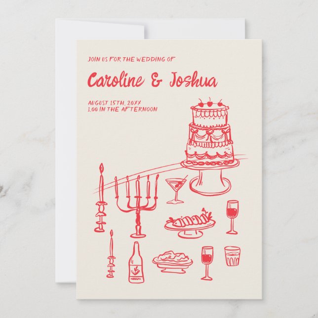 Retro Hand Drawn Red Quirky Cake Modern Wedding  Invitation (Front)
