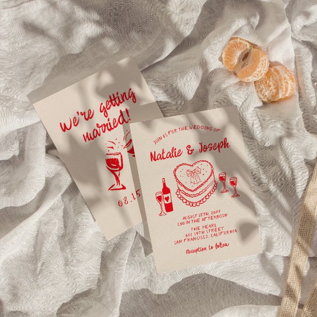Retro Hand Drawn Red Quirky Cake Modern Wedding  Invitation (Creator Uploaded)