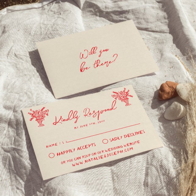 Retro Hand Drawn Red Unique Quirky Wedding RSVP (Créateur téléchargé)