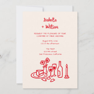 Retro Hand Drawn Red Wedding All In One Invite