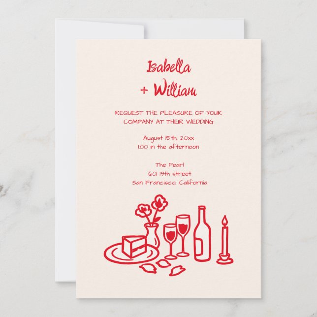 Retro Hand Drawn Red Wedding All In One Invite (Front)