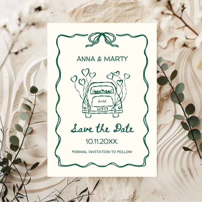 Retro Hand-drawn Sage Green Unique Bow Wedding Car Save The Date (Unique Funky Quirky Hand-drawn Green Save the Date with Hand-illustrated Wedding Car and handwriting)
