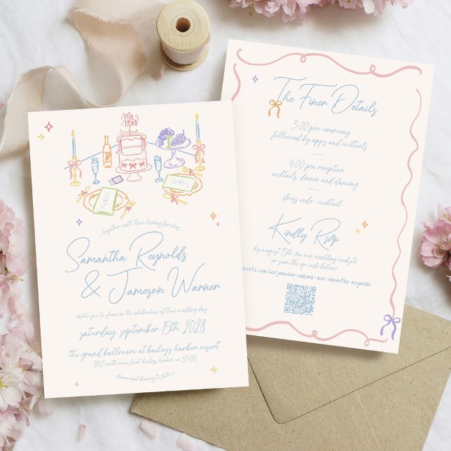 Retro Hand Drawn Scribble Pastel & Blue Wedding Invitation (Retro hand drawn pastel scribble doodle whimsical wedding table bows handwritten qr code invitation)