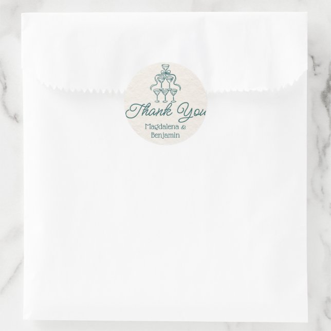 Retro Hand Drawn Teal Champagne Tower Thank You Classic Round Sticker (Bag)