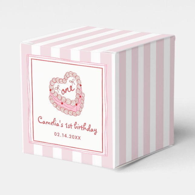 Retro Hand Drawn Valentine Girl First Birthday Favor Box (Front Side)