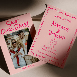 Retro Hand Drawn Written Colourful Photo Wedding Save The Date