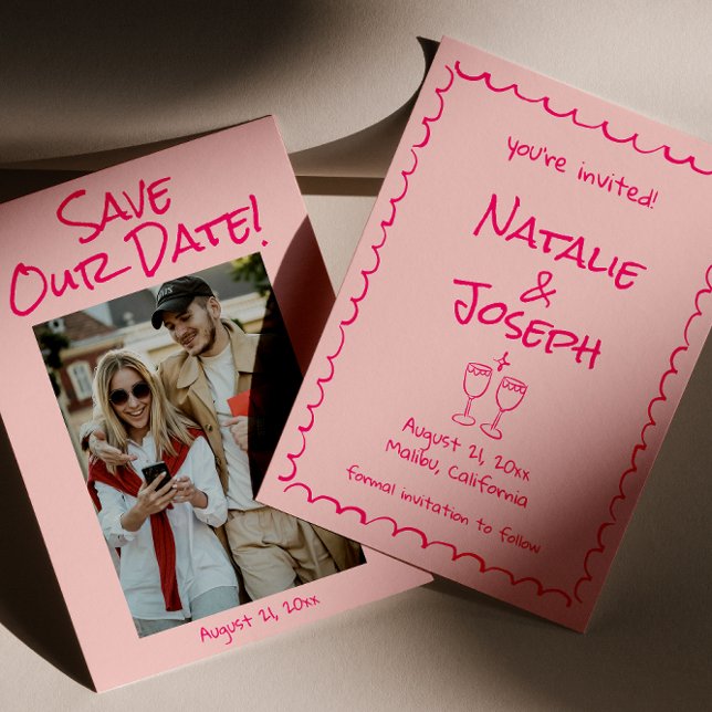 Retro Hand Drawn Written Colourful Photo Wedding Save The Date (Creator Uploaded)