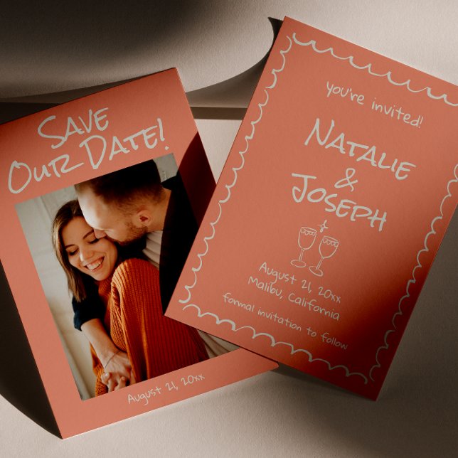 Retro Hand Drawn Written Coral Photo Funky Wedding Save The Date (Creator Uploaded)
