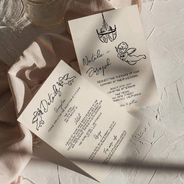 Retro Hand Drawn Written Cupid All In One Wedding Invitation (Creator Uploaded)