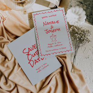 Retro Hand Drawn Written Red Quirky Funky Wedding Save The Date