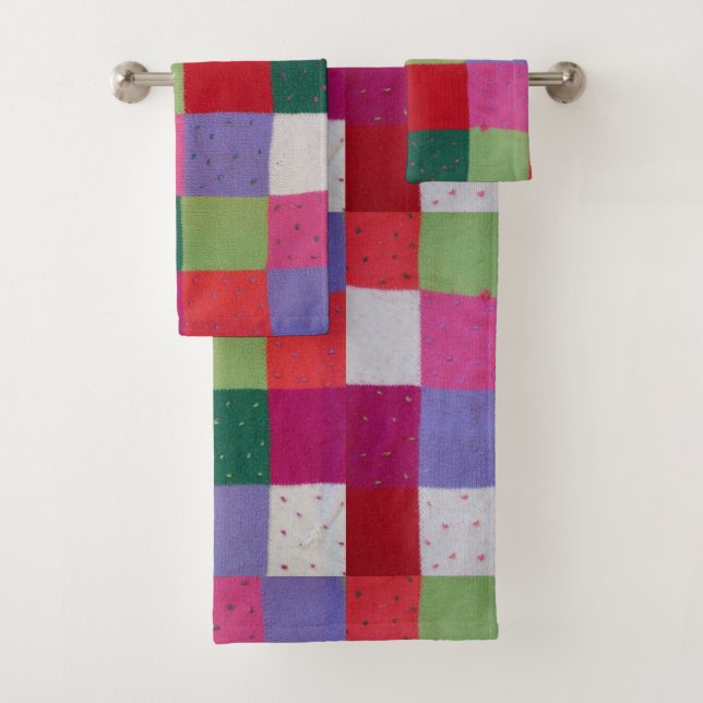 retro hand knitted colourful patchwork squares fun bath towel set (Insitu)