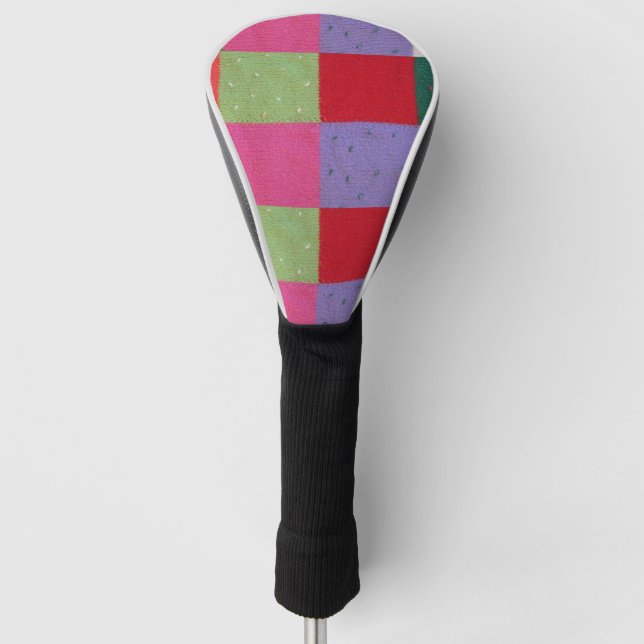 retro hand knitted colourful patchwork squares golf head cover (Front)