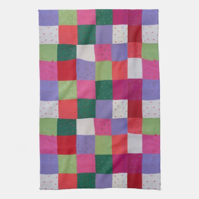 retro hand knitted colourful patchwork squares  kitchen towel (Vertical)