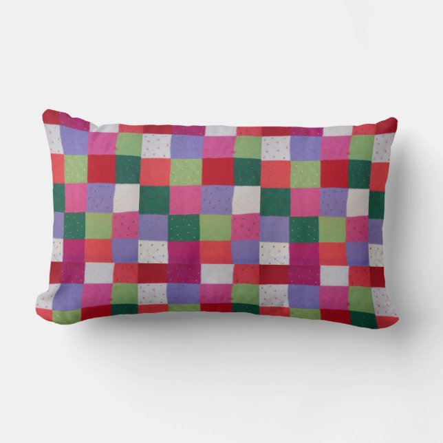 retro hand knitted colourful patchwork squares lumbar pillow (Front)