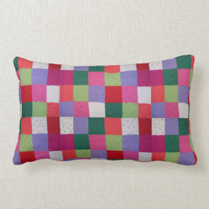 retro hand knitted colourful patchwork squares lumbar pillow